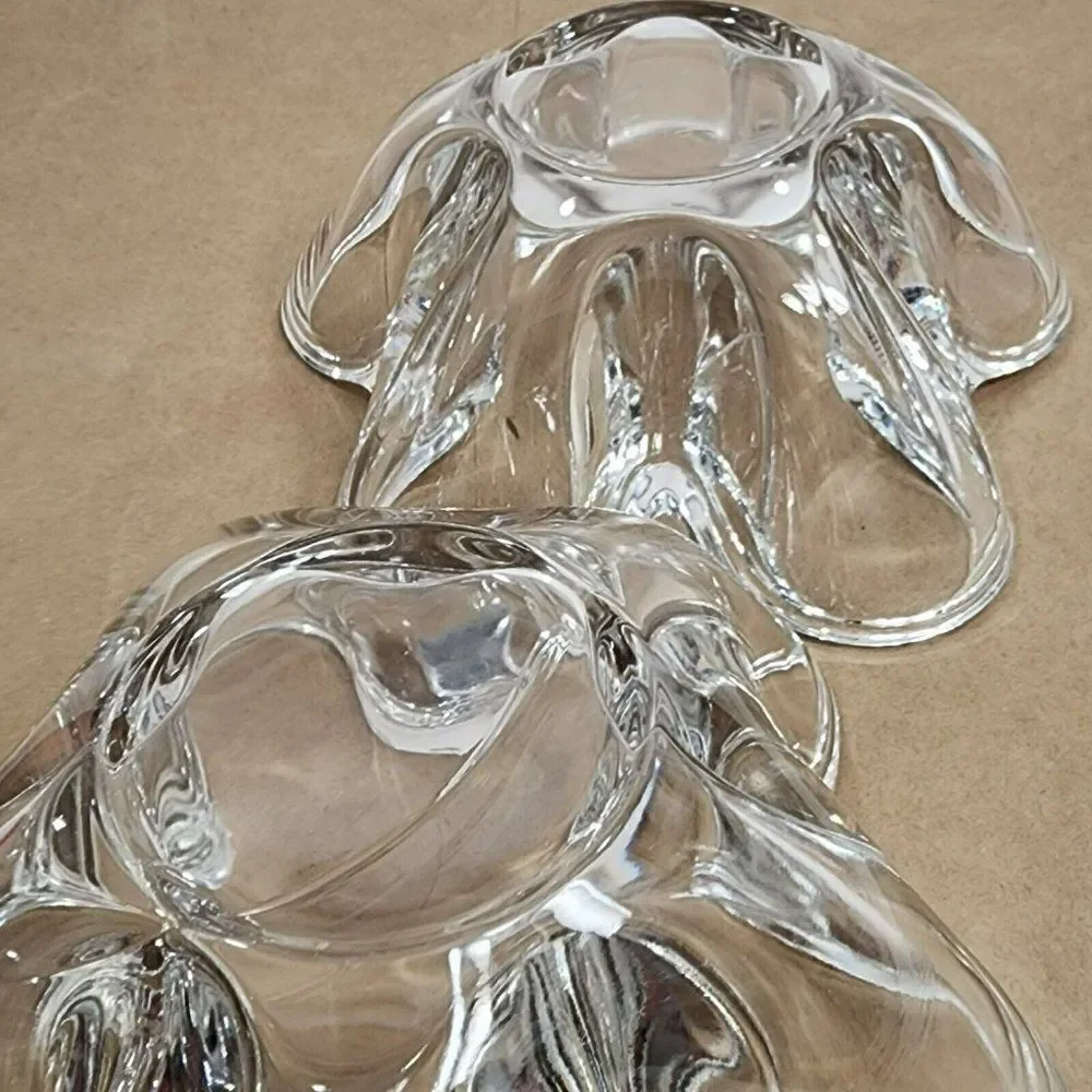 2 VTG Clear Tiffin Neodymium Flower 5 Lobe Heavy‎ Art Glass Bowl Candle Holder
